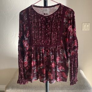 Know Rose Red Burghandy Floral Long Sleeve Top Size Medium